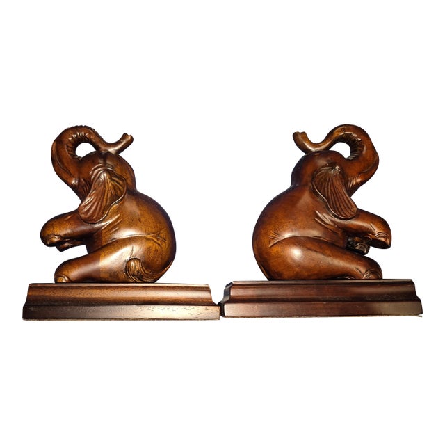 Vintage Hand-Carved Hardwood Elephant Bookends Fd For Sale