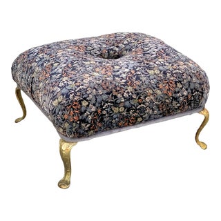 Vintage Liberty of London Art Nouveau Floral Velveteen Ottoman W/ Brass Legs For Sale
