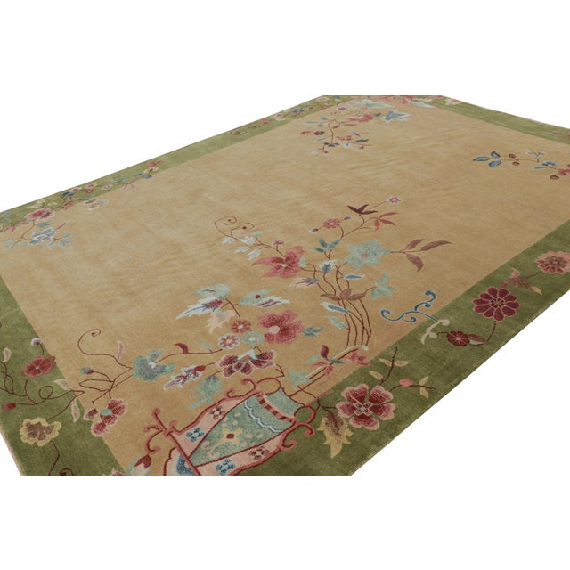 Rug & Kilim Rug & Kilim’s Chinese Art Deco Style Rug in Green and Beige With Floral Patterns For Sale - Image 4 of 8