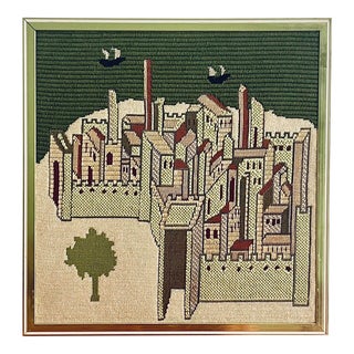 Vintage Retro 1960s-70s Framed Modernist Needlepoint Cityscape Village For Sale