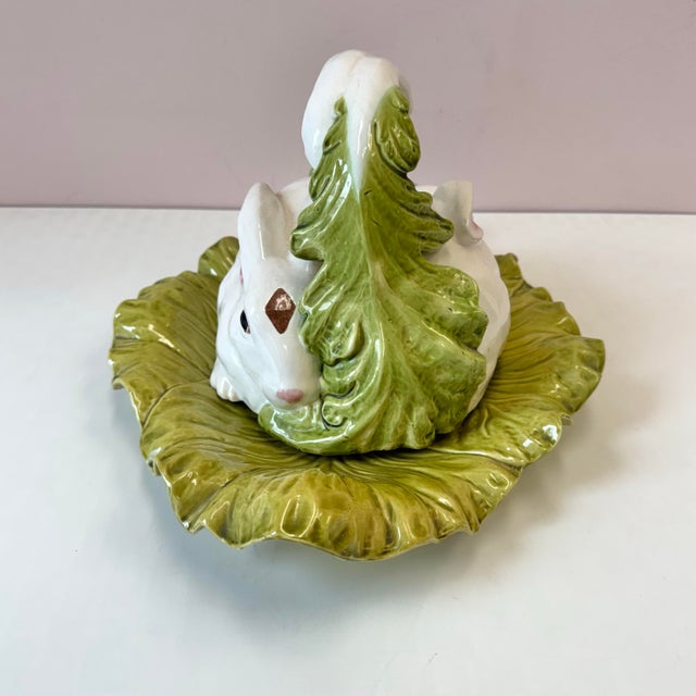 Rustic European Vintage Bordallo Pinheiro Majolica Rabbit and Lettuce Leaf Covered Platter For Sale - Image 3 of 10
