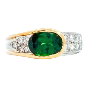 GIA Certified 2.5 Carat Oval Cut Tsavorite and Diamond Overpass Crossover Ring |, Size 7