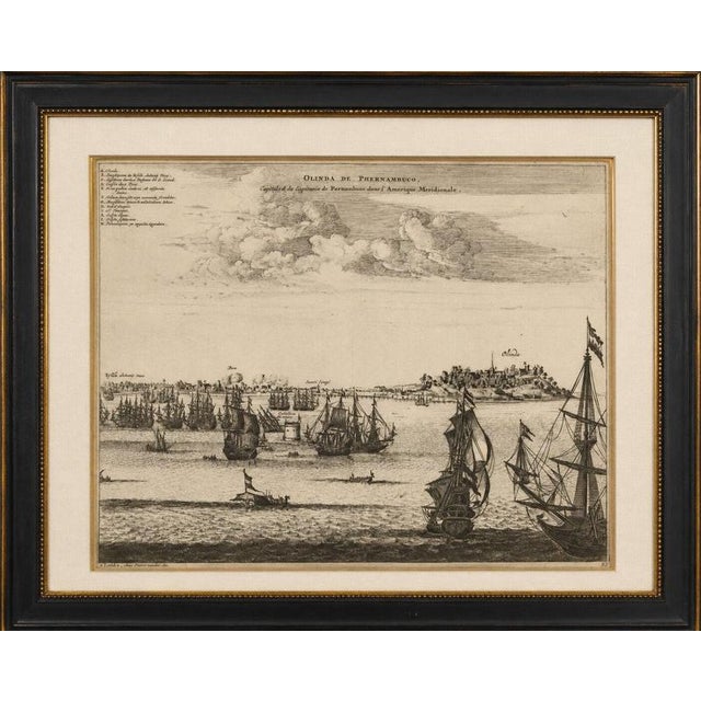 Rare View of Olinda Pernambuco Brazil and Dutch Fleet, 1671 Original 17th-century copper engraving showing Olinda in...
