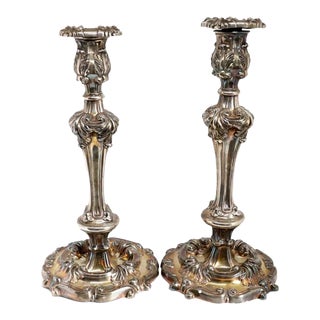 Late 19th Century Large American Reed & Barton Rococo Revival Silver Plate Repousse Candlesticks - a Near Pair For Sale