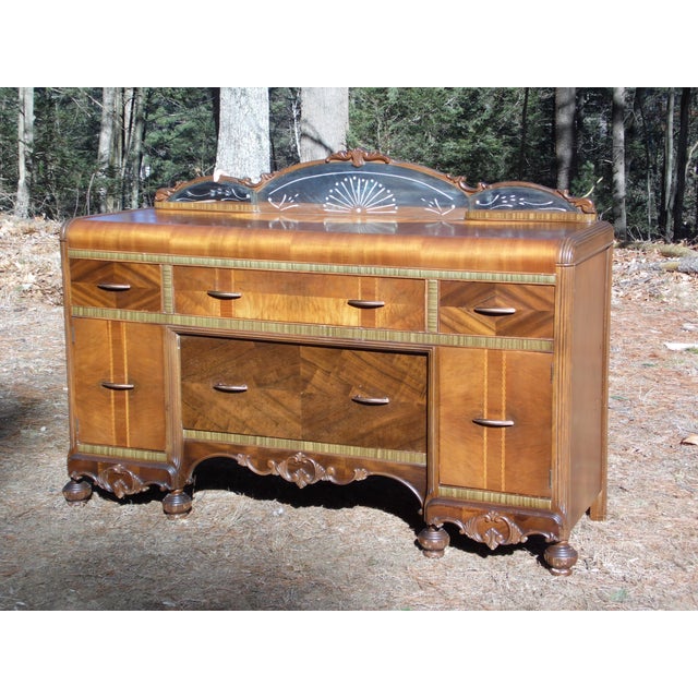 Vintage Walnut Art Deco Waterfall Buffet Server Sideboard Credenza