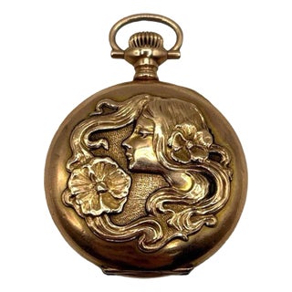 1903 Art Nouveau Portrait Repousse Gold Filled Pocket Watch by Waltham For Sale