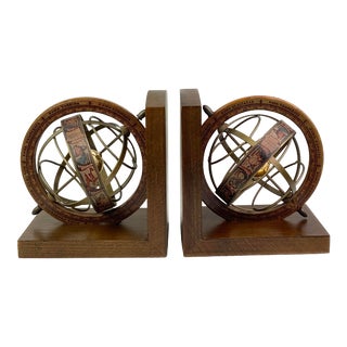 Mid-Century Modern Old World Globe Wood Bookends - Pair of 2 For Sale