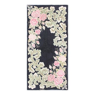 Vintage American Hooked Rug With Large Floral Design on a Black Background For Sale