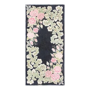 Vintage American Hooked Rug With Large Floral Design on a Black Background
