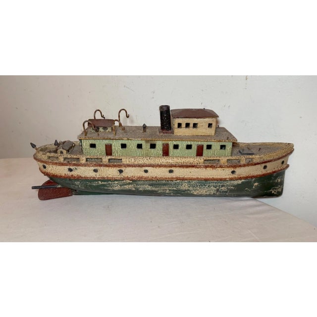 Wood Rare Antique Handmade Carved Wood Folk Art Boat Model Tug Boat Ship Schiff For Sale - Image 7 of 18