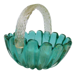 C1950's Barovier' Y Toso Italian Hand-Blown Murano Accent Bowl/Decorative Center Bowl With Gold Leaf Inclusions & Handle