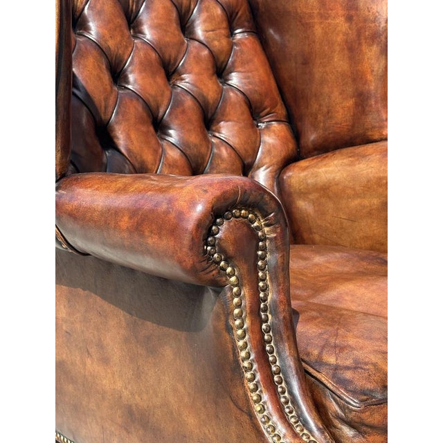 Antique Wing Chair in Brown Leather, 1890 For Sale - Image 6 of 9