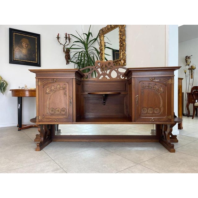 Elegant Art Nouveau attachment oak veneer wall shelf Dimensions: Height 114 x 200 x 56 For sale is a very beautiful Art...