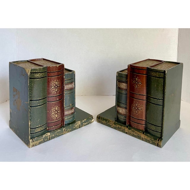 Mid 20th Century A Pair of Faux Figurative Stack of Books Wood Bookends For Sale - Image 5 of 12