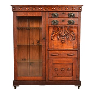 Antique Victorian Carved Oak Smoker's Display Cabinet With Drop Front Desk, Circa 1900 For Sale