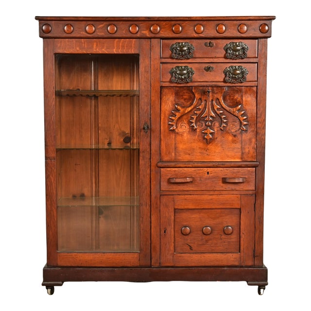 Antique Victorian Carved Oak Smoker's Display Cabinet With Drop Front Desk, Circa 1900 For Sale