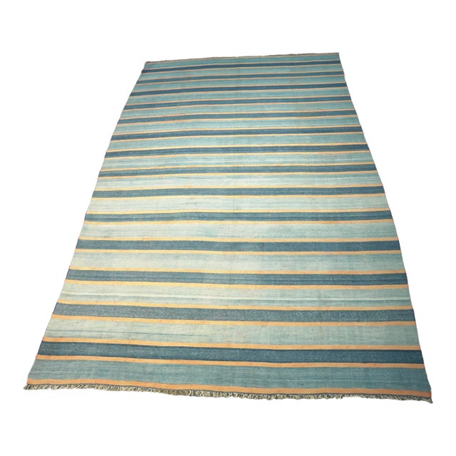 Vintage Dhurrie Rug in Bluewith Stripes, From Rug & Kilim For Sale