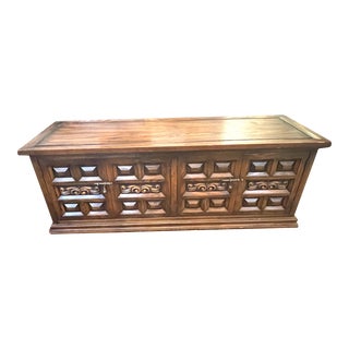 1970s Spanish Solid Wood Credenza With Brass Hardware For Sale
