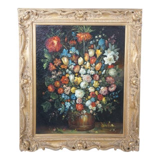 Vintage Flemish Style Floral Still Life After Pieter Bruegel Signed Oil Painting For Sale