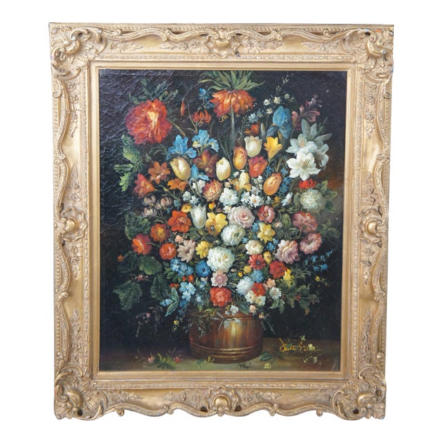 Vintage Flemish Style Floral Still Life After Pieter Bruegel Signed Oil Painting For Sale