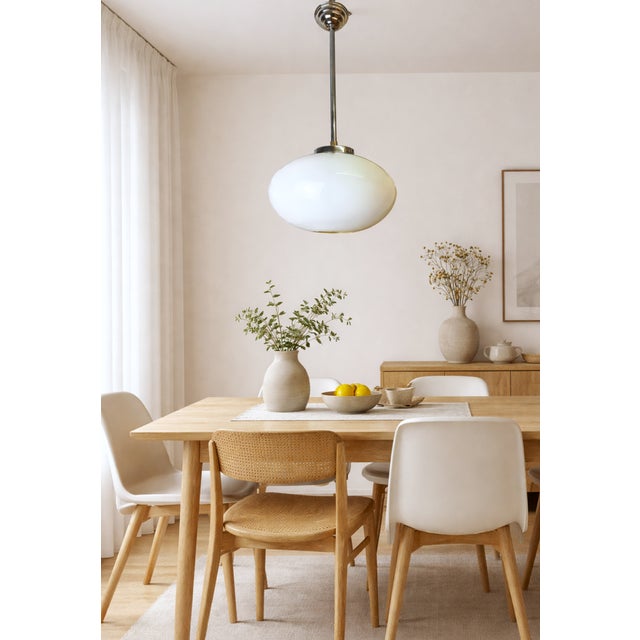 Art Deco Portuguese Oval White Opaline Glass Hanging Lamp, 1950s For Sale - Image 4 of 12