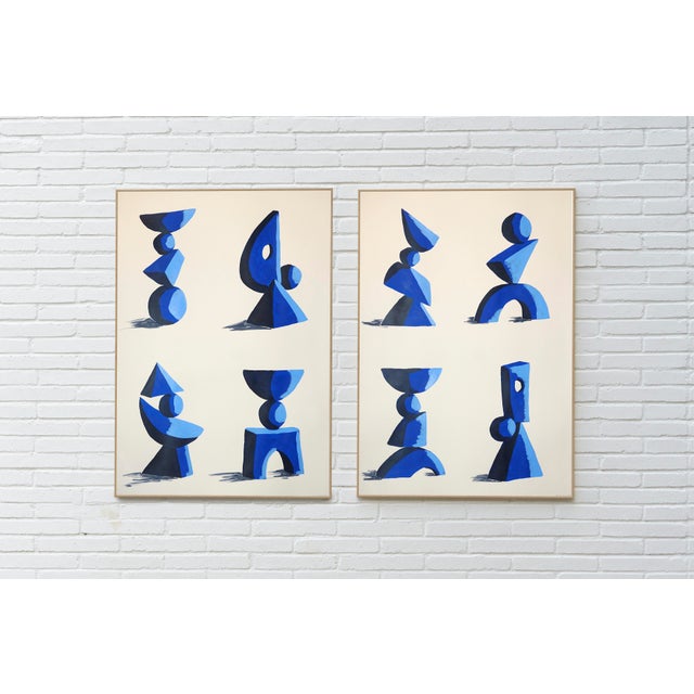 2028, Modern Cubist Painting Diptych, Minimalist Sculpture Garden, Acrylic Paint on Watercolor Paper For Sale - Image 9 of 9