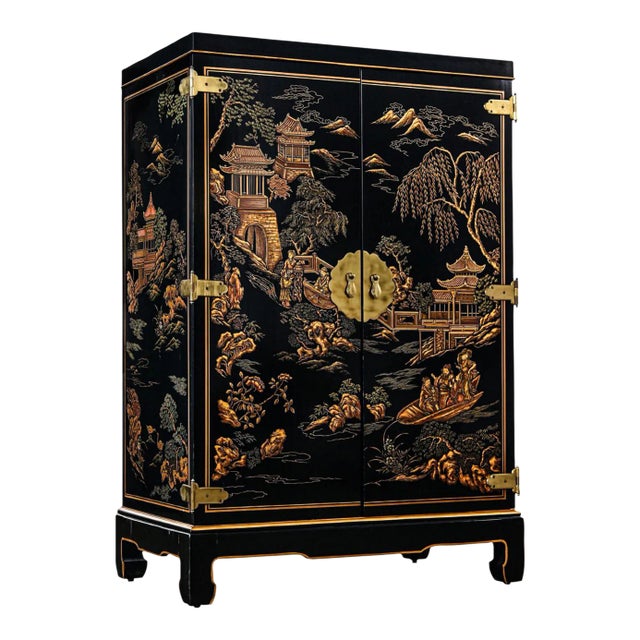 1984 Chinoiserie Drexel Et Cetera Collection Petite Entertainment or Storage Cabinet With Hand Painted Scenic Designs For Sale