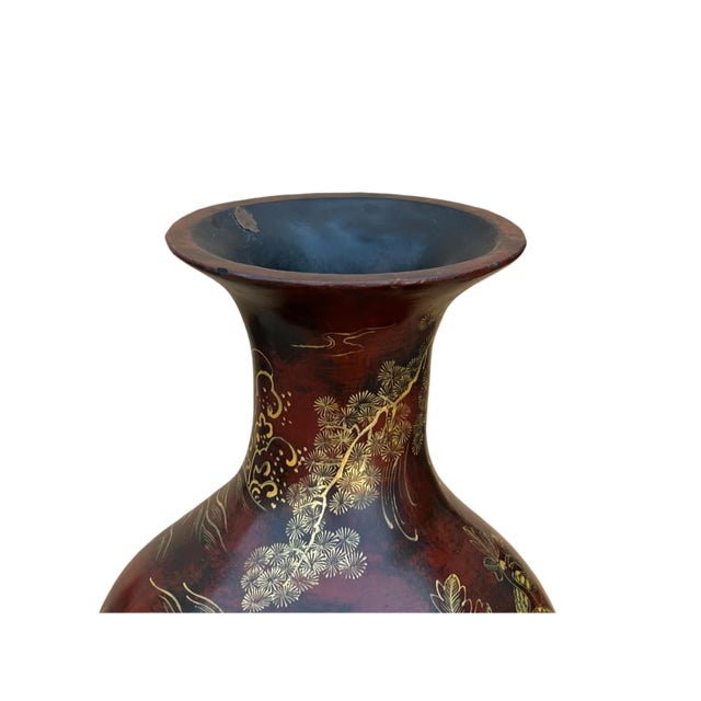 Brown Chinese Brown Lacquer Golden Scenery Decorative Wood Vase Art For Sale - Image 8 of 16