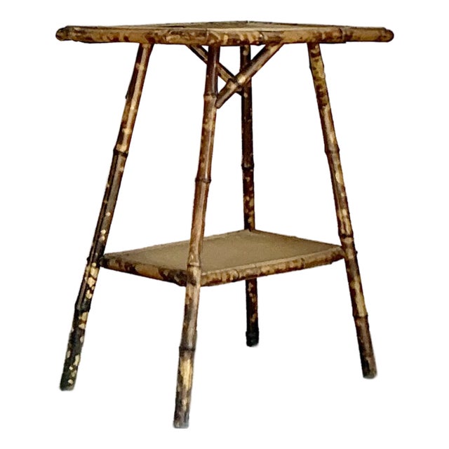 Vintage Boho Distressed Tortoise Bamboo Side Table For Sale
