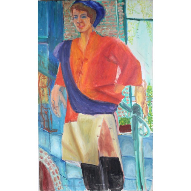 Modern Vintage Oil Painting Portrait of Tall Fashionable Woman - Unsigned For Sale - Image 3 of 10
