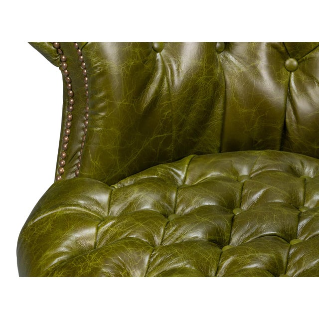 Pair of Green Leather Barrel Back Chairs For Sale - Image 10 of 12