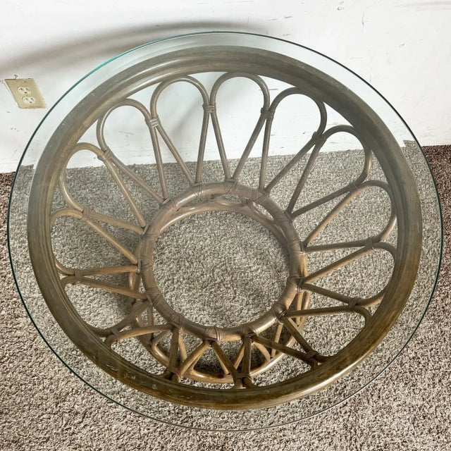 Boho Chic Bamboo Rattan Circular Beveled Glass Top Side Table For Sale - Image 4 of 7