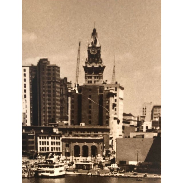 1970s Vintage 1977 Morton C. Tadder Baltimore Inner Harbor Signed Black & White Sepia Tone Large Cityscape Photograph For Sale - Image 5 of 12