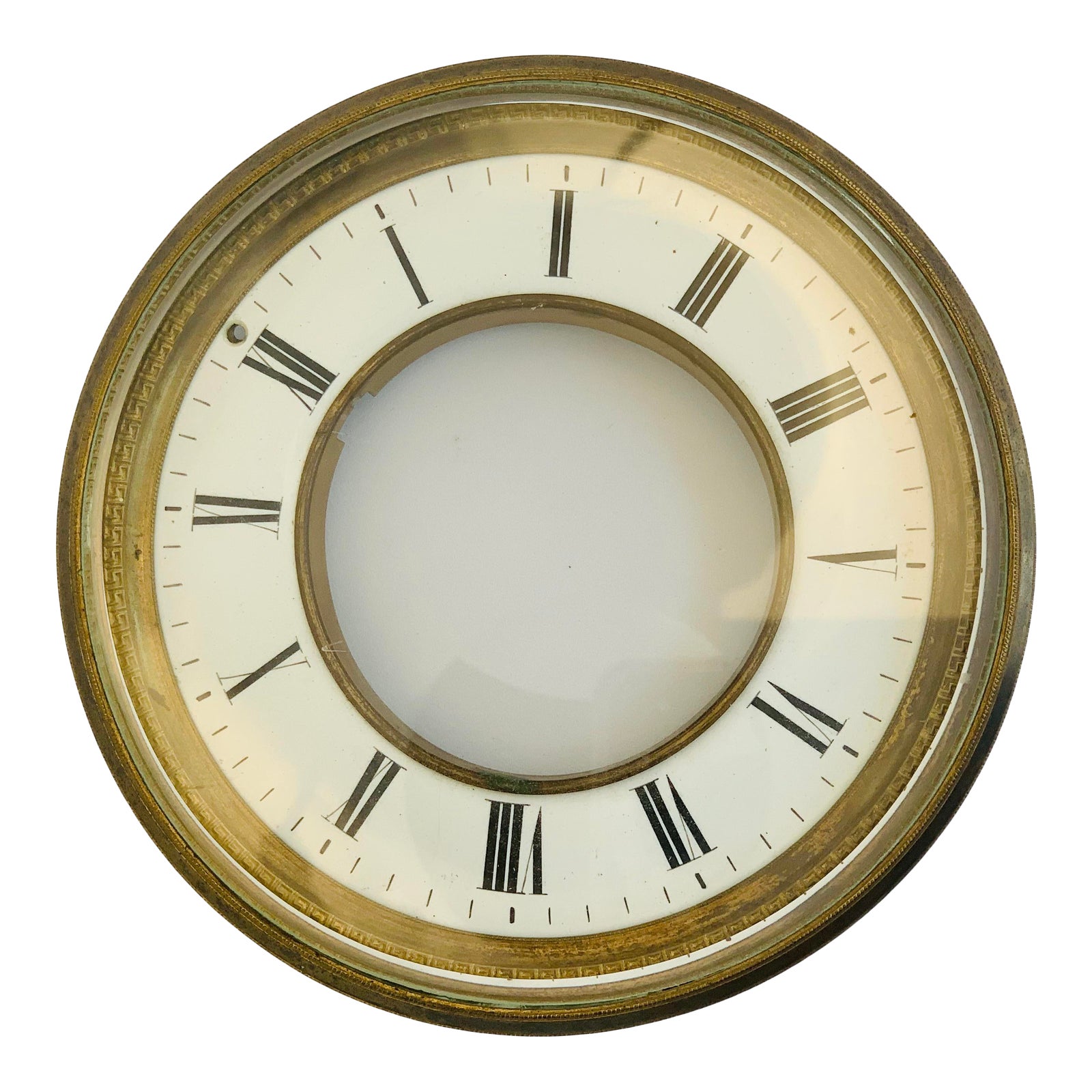 Antique Enamel Clock Face With Beveled Glass Cover and Brass Trim Circa