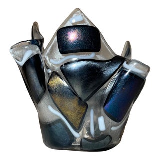 Vintage Hand Made Blown Iridescent Lustre Glass Handkerchief Vase Bowl For Sale