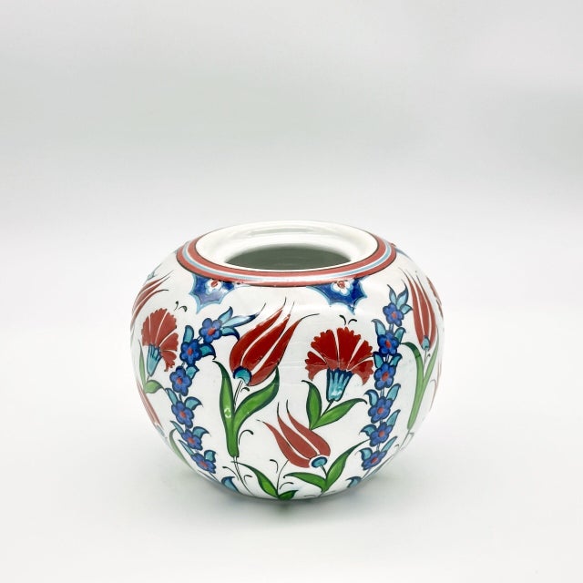 Ceramic Handmade Ceramic Lidded Bonbonniere Jar Red Tulips and Carnations Round Globe For Sale - Image 7 of 8