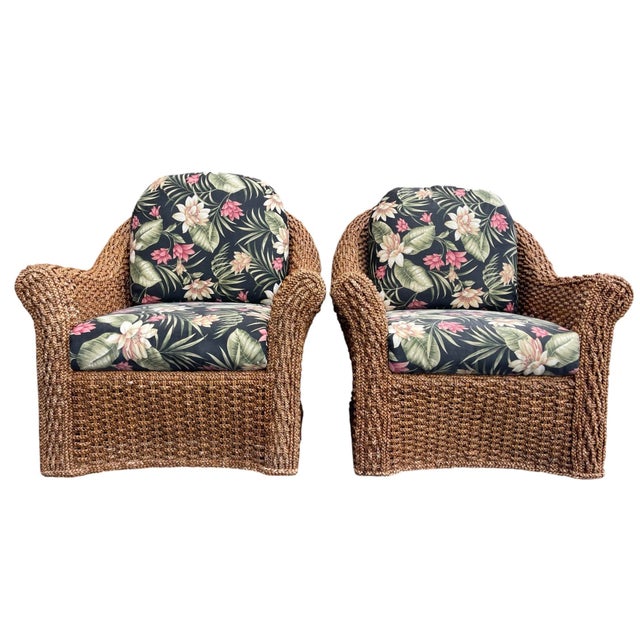 Ralph Lauren Vintage Sculptural Braided Rattan Lounge Armchairs in Tropical Upholstery, Pair For Sale - Image 4 of 12