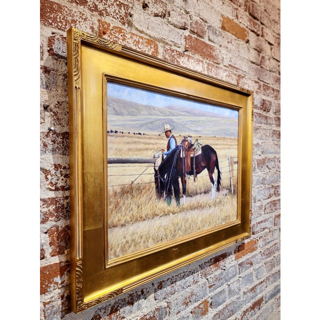 Brown Gregory Eiselein- Cowboy in a Montana Ranch Landscape -Oil Painting For Sale - Image 8 of 10