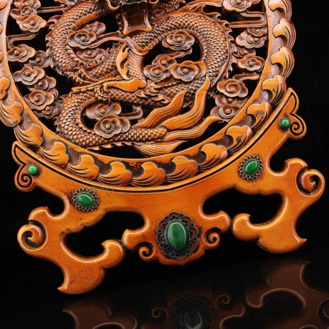Vintage Chinese Boxwood Dragon Screen | Hand-Carved Table Screen With Gemstone Inlay For Sale In Los Angeles - Image 6 of 9