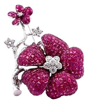 Invisible-Set Ruby Diamond 18k White Gold Bloom Flower Brooch