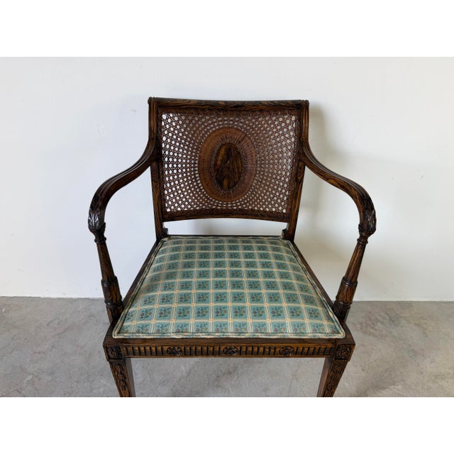 Vintage Hollywood Regency Faux Grain Painted Armchair With Cane Back & Upholstered Seat For Sale - Image 10 of 12