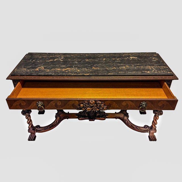 Victorian Early 20th Century Empire Mfg. Co. Victorian Revival Marquetry Console Table With Marquetry & Black/Gold Marble Top For Sale - Image 3 of 8