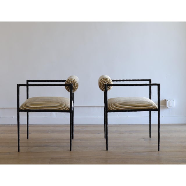 A Pair of Arteriors Barbana Pewter Finish Chairs expertly reupholstered in the exquisite printed linen from Helene...