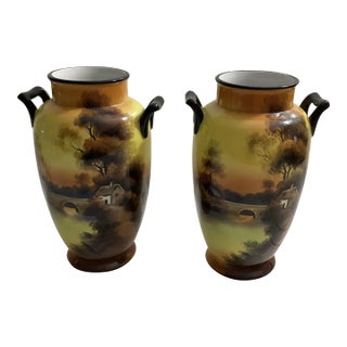 Antique Pair of 2 Hand Painted Noritake Matching Vases For Sale