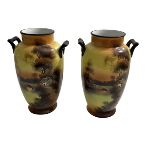 Antique Pair of 2 Hand Painted Noritake Matching Vases