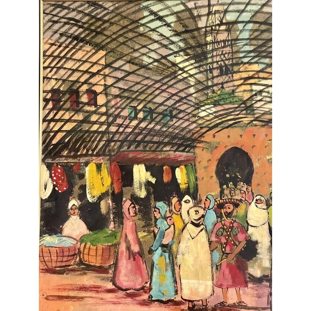 1975 Modernist Moroccan Souk Market Scene Painting on Panel, Framed ...