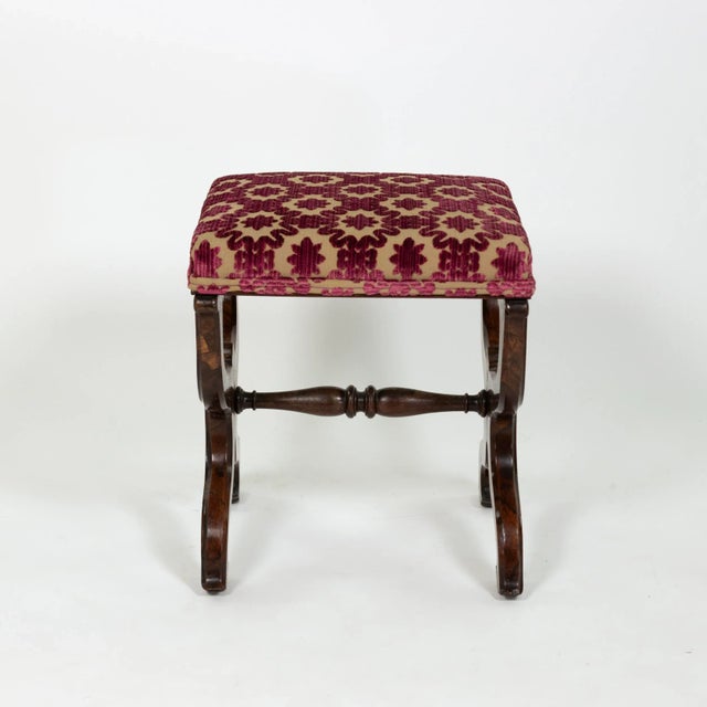 Wood Carved Mahogany Curule Form Upholstered Stool With New Velvet Upholstery English, Circa 1890 For Sale - Image 7 of 8