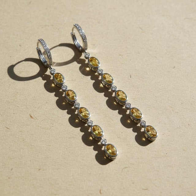 Citrine Huggie Drop Earrings, Silver, Gold, Pair For Sale - Image 6 of 9