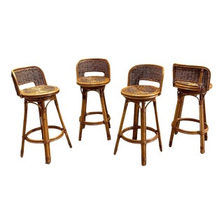 Set 4 Split Reed/Rattan Swivel Bar Stools, 1970 For Sale