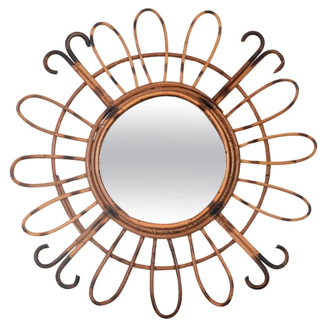 Mid-Century French Riviera Round Sunburst Mirror in Curved Rattan, France, 1970s For Sale - Image 11 of 11